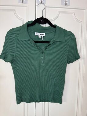 Dkny Ribbed Polo Short-Sleeve Top in Sage Green - Stretchy